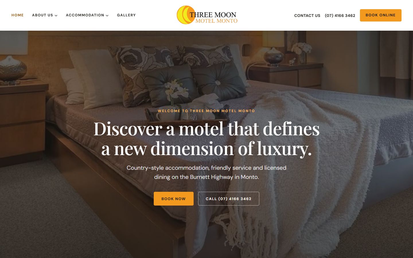 The home page of the new Three Moon Motel website, with a warm motel room photo and Book now and Call buttons.