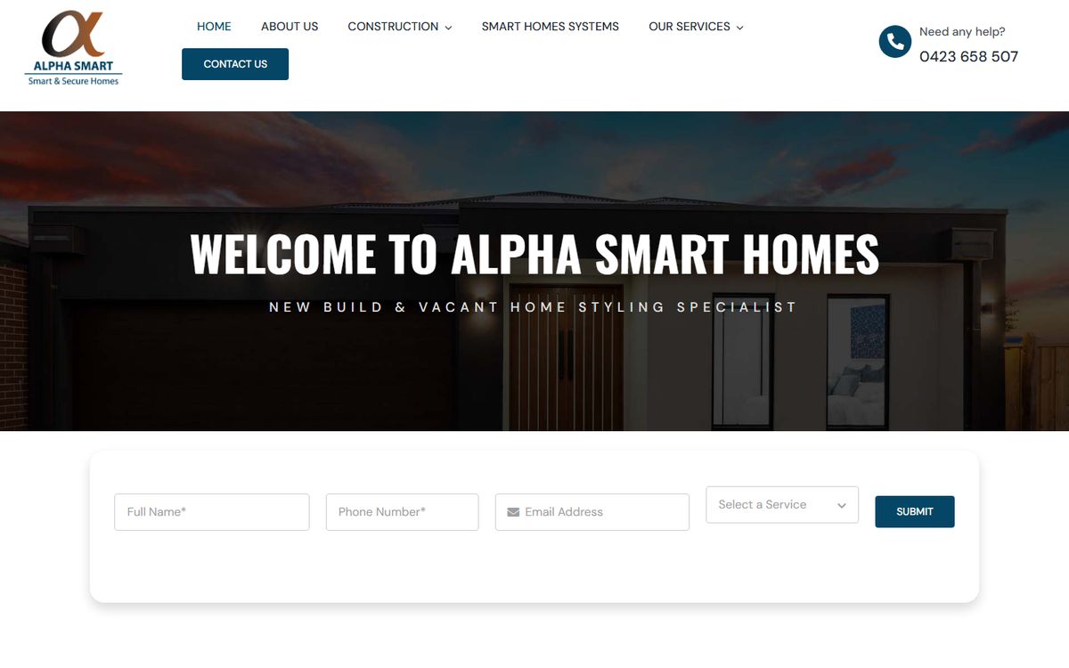The Alpha Smart Homes website: a dark hero welcoming visitors to Alpha Smart Homes and an enquiry form.