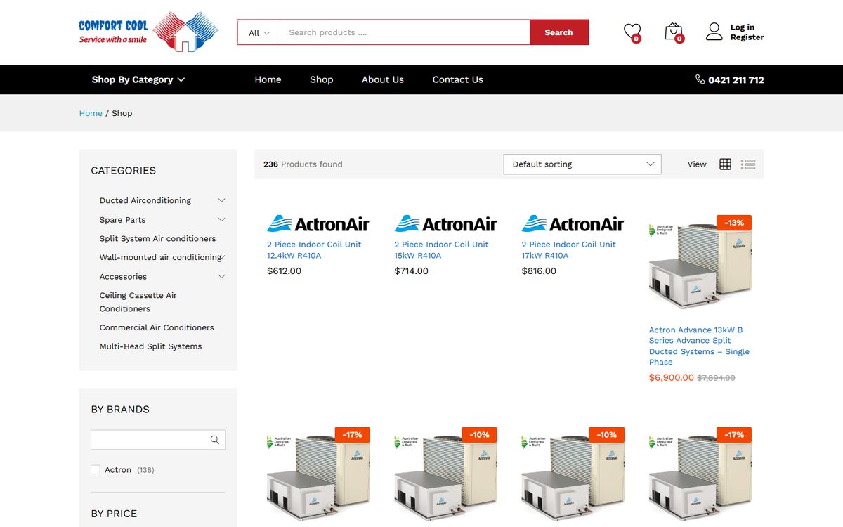 The Comfort Cool online store: air conditioning units by category, with prices.