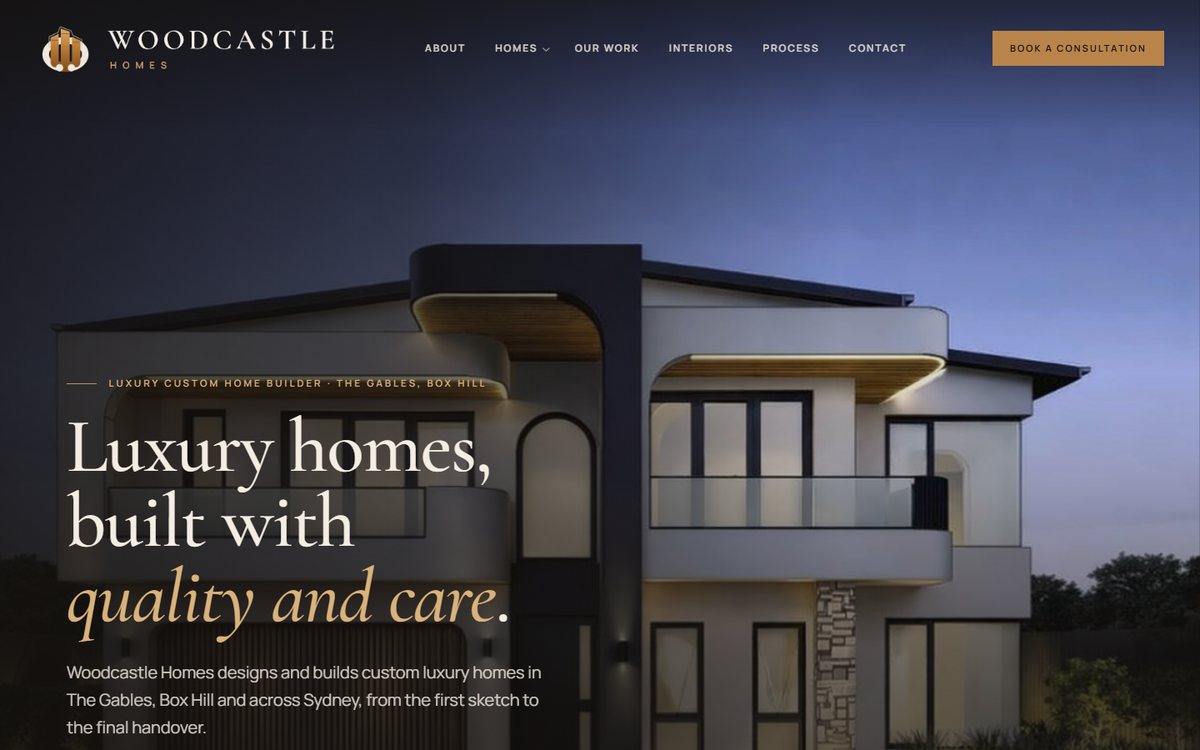 The Woodcastle Homes website: a two-storey luxury home at dusk under the line Luxury homes, built with quality and care.